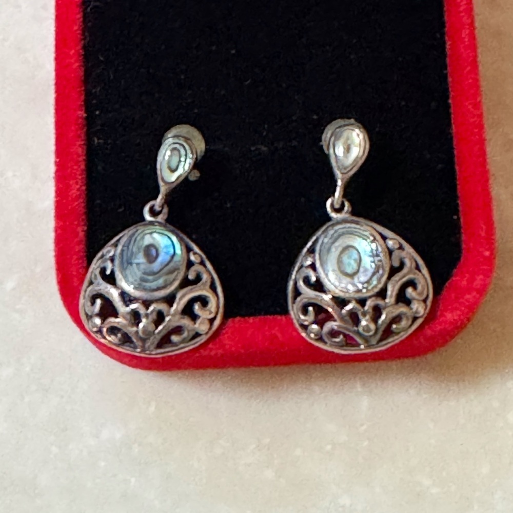 Vintage Sterling Silver Abalone Drop Pierced Earrings